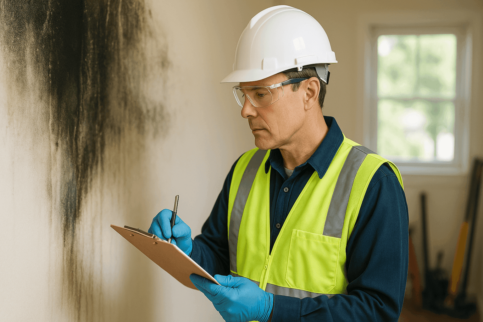 Inspector con lista de verificación examinando una pared dañada por incendio