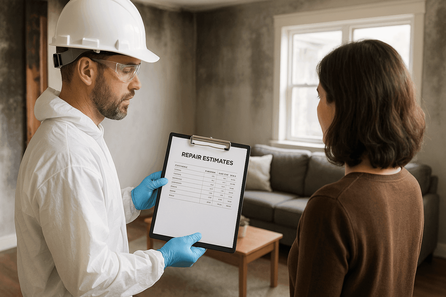 Restoration specialist reviewing fire damage repair estimate with homeowner