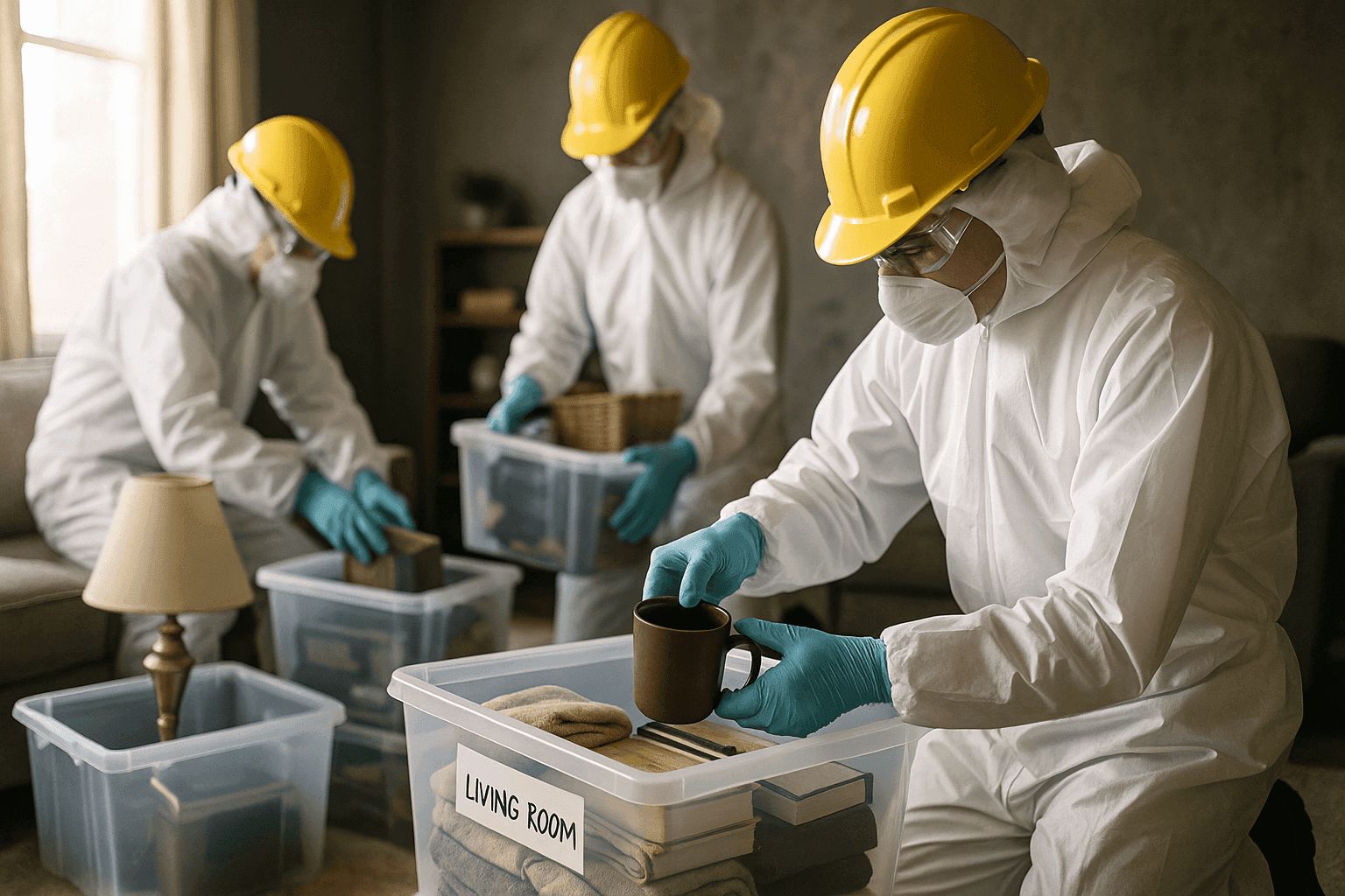 Team carefully packing fire-damaged belongings into labeled bins