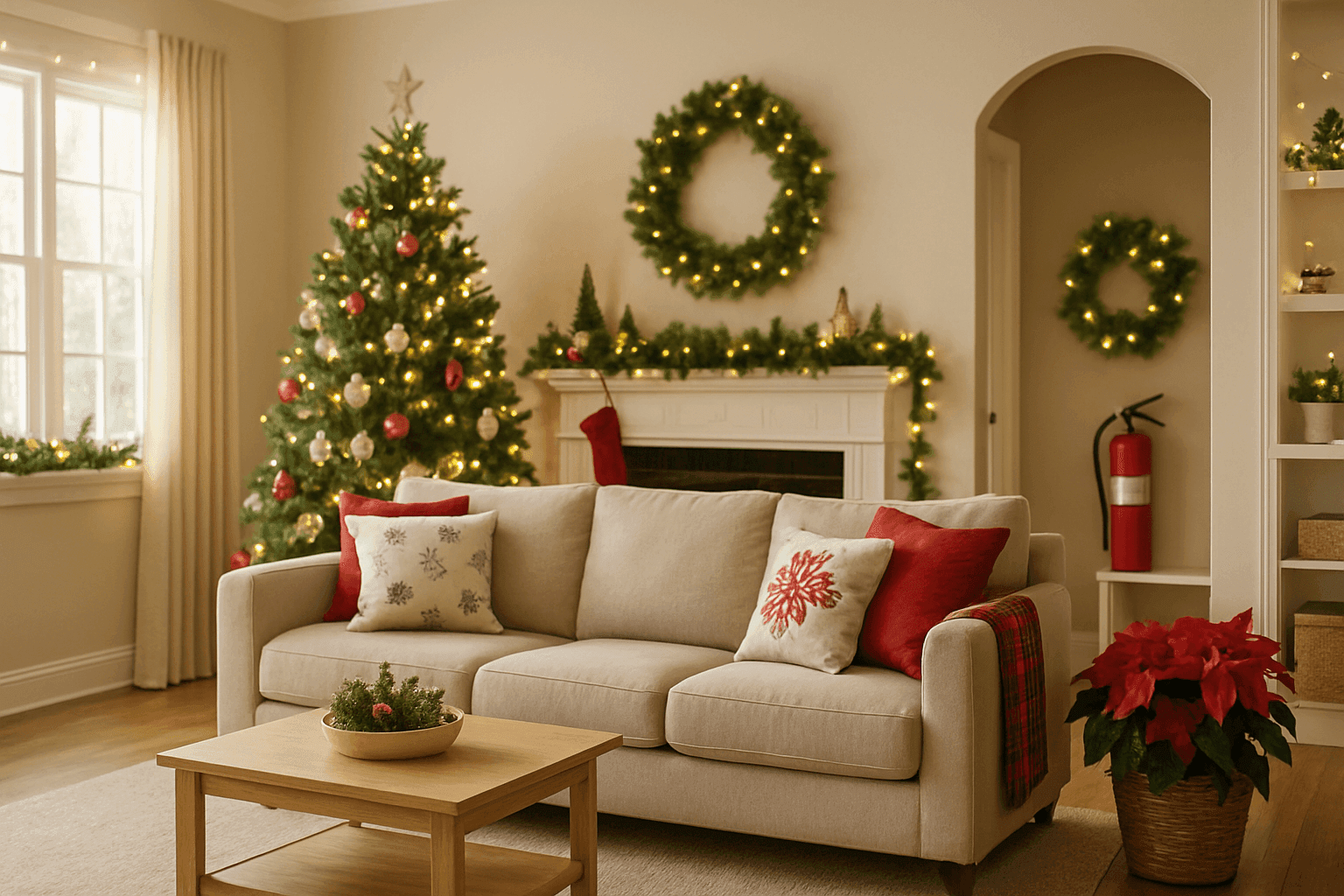 Sala navideña con decoraciones eléctricas seguras y extintor visible