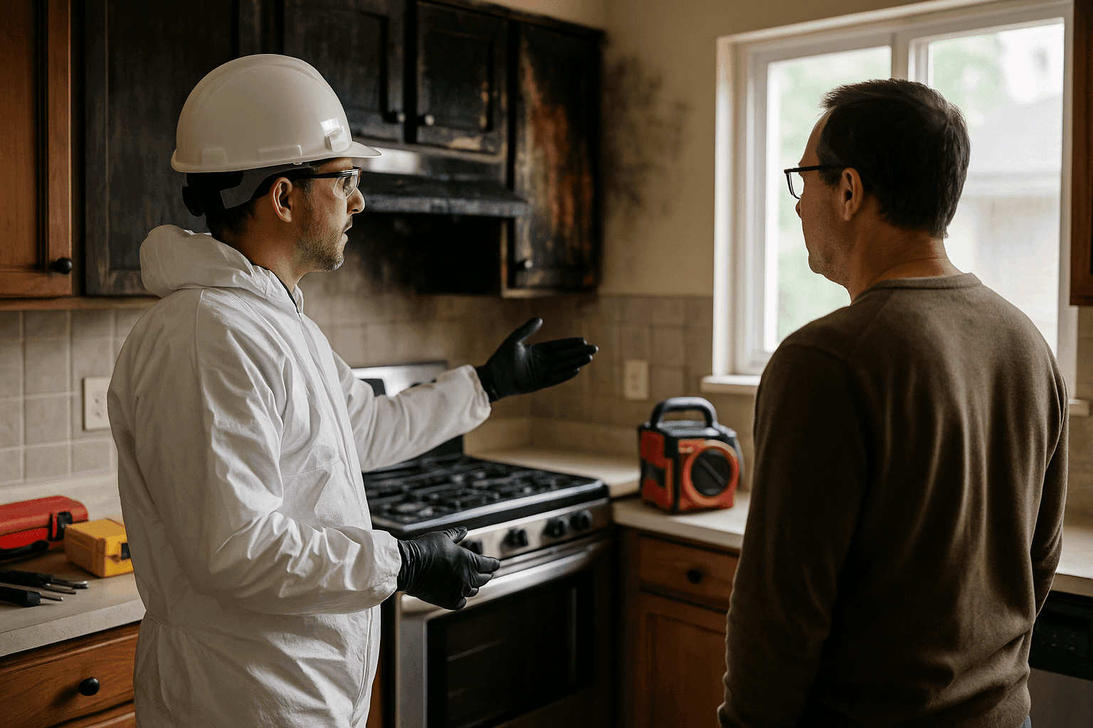 Restoration technician consulting homeowner in fire-damaged kitchen