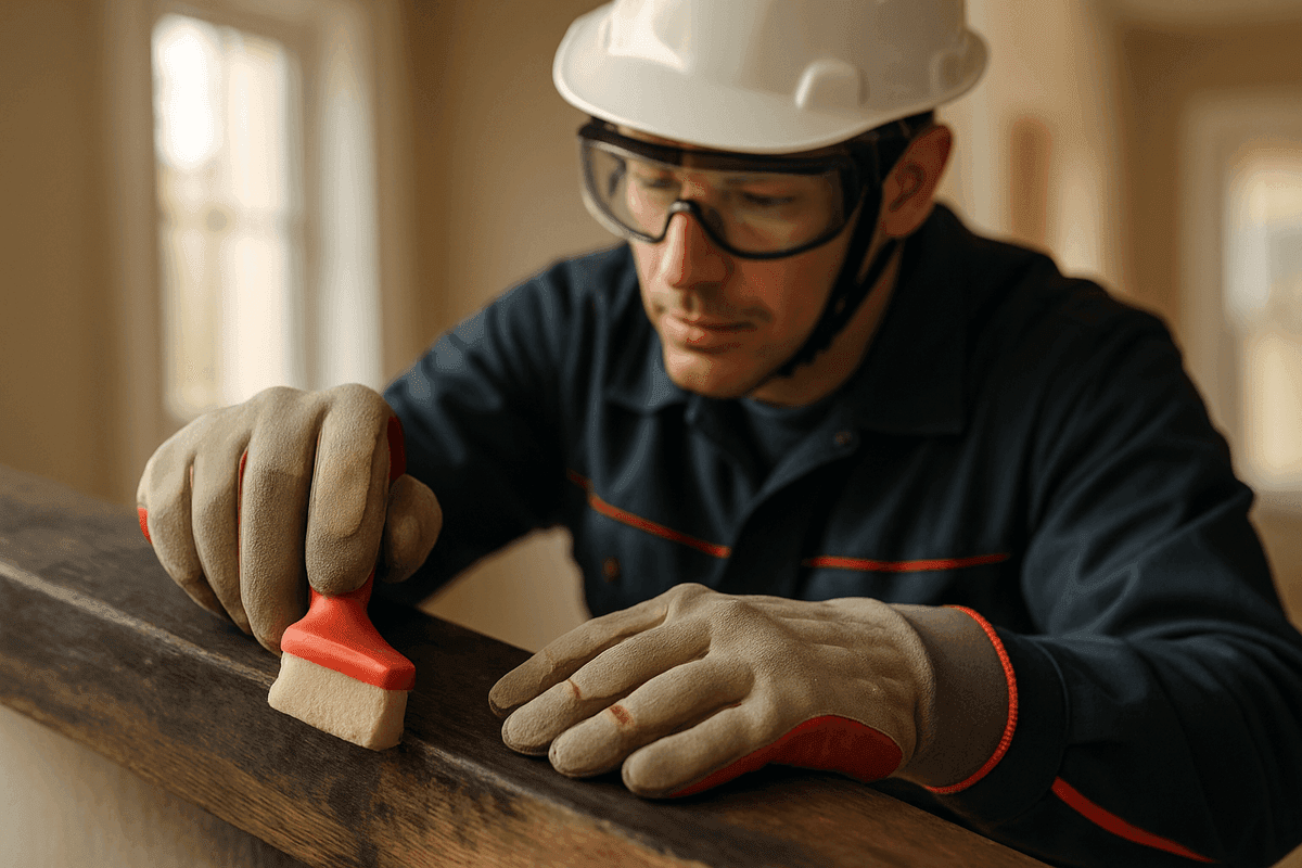 Close-up of gloved hands wiping smoke-damaged wood in a well-lit home interior